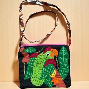 Mola Appliqué Tropical Parrot Mini Crossbody Purse Made in Panama Green & Orange